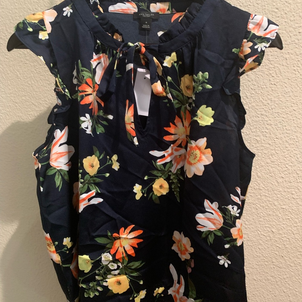 NWT- Ann Taylor Factory sleeveless top, floral print, blue background, size M